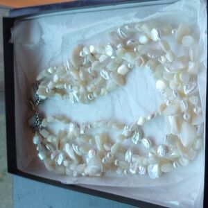 PEARL & MOTHER-OF-PEARL - ALL-WHITE  NECKLACE... FIVE STRANDS; VARIETY OF PEARLS